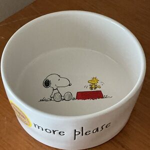 Rae Dunn White Ceramic Dog Bowl with Snoopy & Woodstock- “more please”